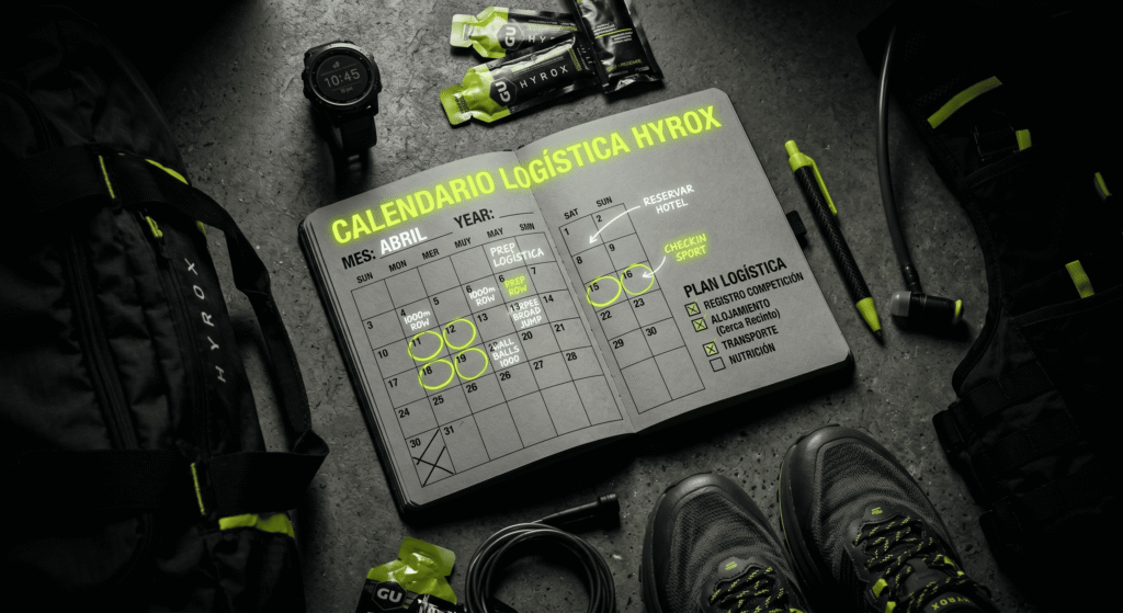 Calendario de logística HYROX de Checkin Sport en colores negro y neón: planificación de entrenamientos, eventos y reserva de hoteles cerca del recinto sin fecha de año específica.