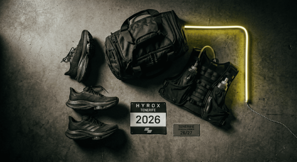 Equipamiento técnico de un atleta sobre suelo de hormigón con iluminación amarilla Checkin Sport para el debut de HYROX en Tenerife