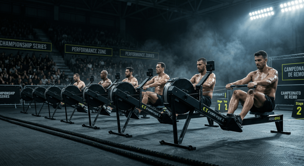 Fila sincronizada de 6 atletas masculinos musculosos y sudorosos compitiendo en máquinas de remo Concept 2 RowErg en una arena de CrossFit oscura y dramática con iluminación industrial fría y toques amarillo flúor táctico.