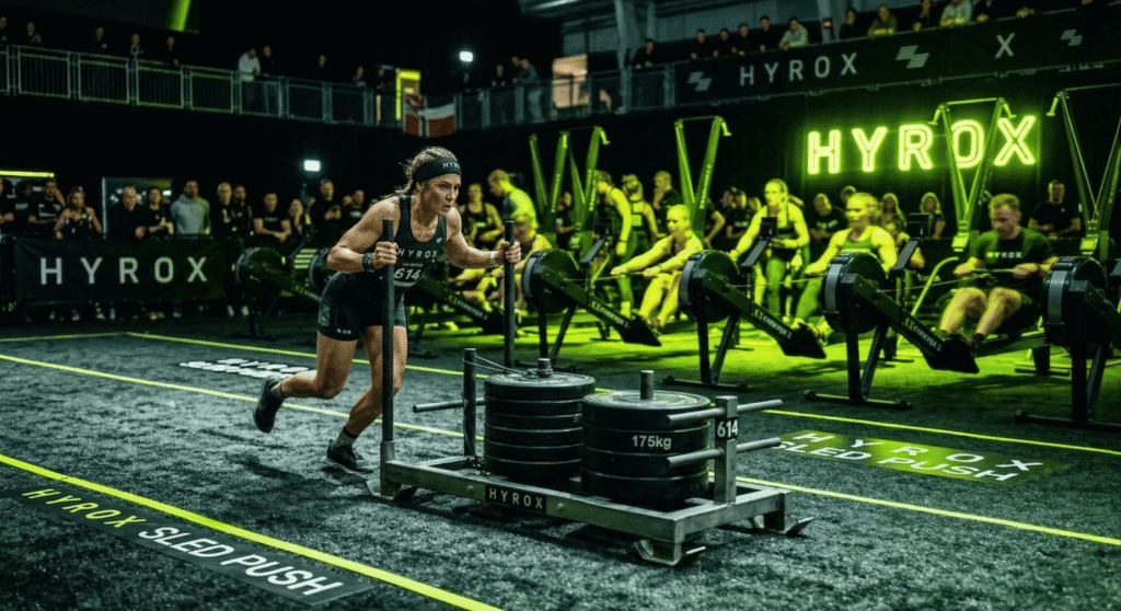 Resumen de las 8 estaciones de Hyrox con equipamiento oficial y estética neón industrial de Checkin Sport