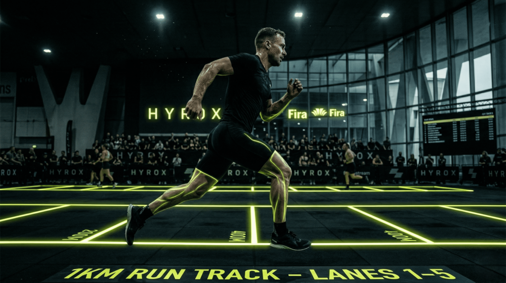 Atleta de competición en la Fira Gran Via durante el Hyrox Barcelona 2026, la guía oficial de logística y rendimiento de Checkin Sport.