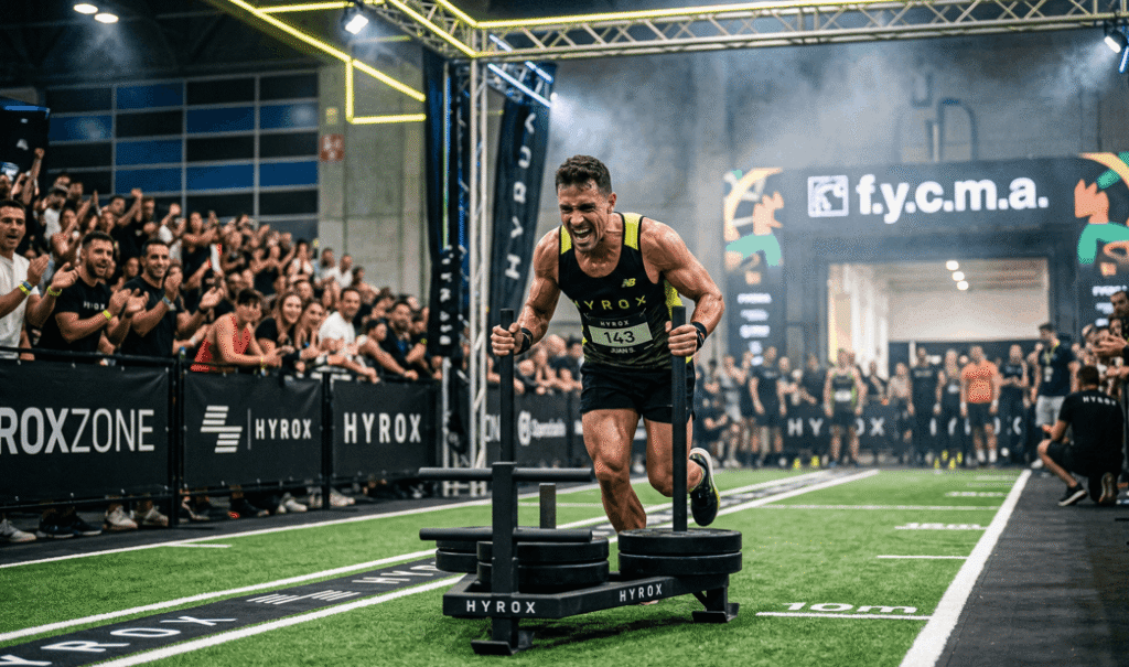 Atleta de élite realizando Sled Push en el interior del FYCMA durante la competición Hyrox Málaga 2026