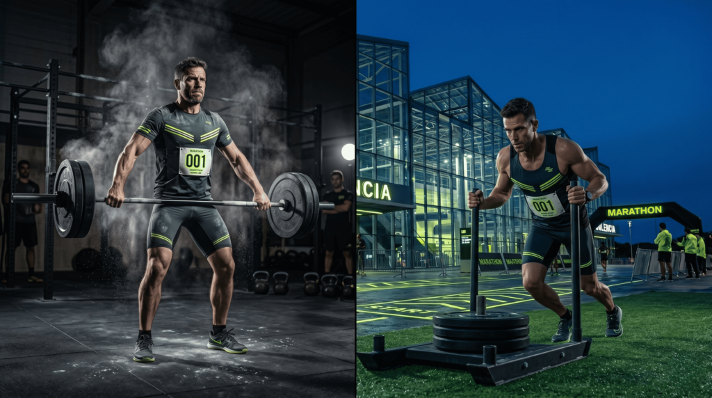 Comparativa visual de atletas entrenando Hyrox vs CrossFit en un centro deportivo.