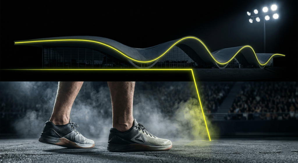 Composición visual de fusión de Checkin Sport para Hyrox Málaga 2026: En la parte superior, el Palacio de Ferias FYCMA de noche con iluminación amarillo flúor táctico; en la parte inferior, primer plano nítido de zapatillas técnicas de running sobre suelo industrial con humo de competición.