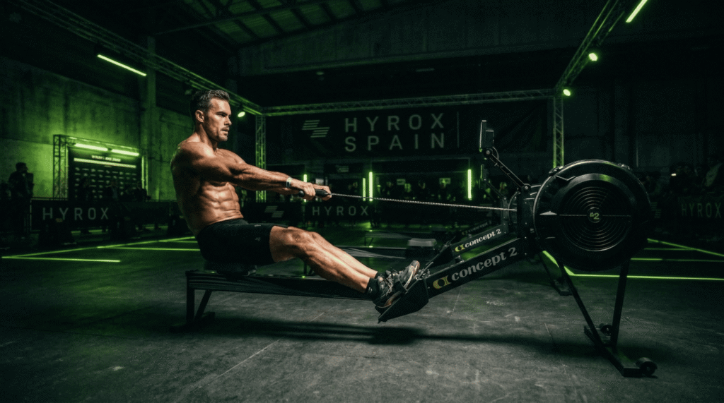 Atleta realizando la fase de drive en el rowing hyrox con máquina Concept2 y luces neón amarillo eléctrico