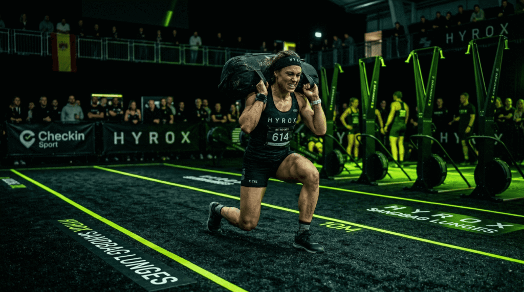Atleta femenina realizando zancadas con saco (Sandbag Lunges) en Hyrox con iluminación neón