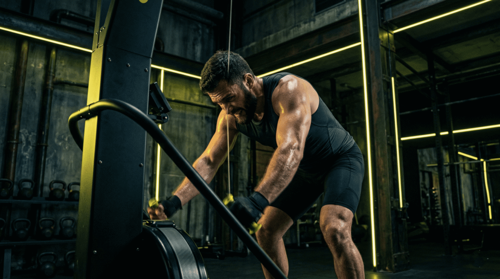 Atleta realizando la técnica de tracción vertical en SkiErg Hyrox