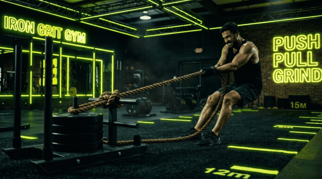 Atleta realizando el arrastre de trineo (Sled Pull) en Hyrox con técnica de tirada de cuerda y luces neón
