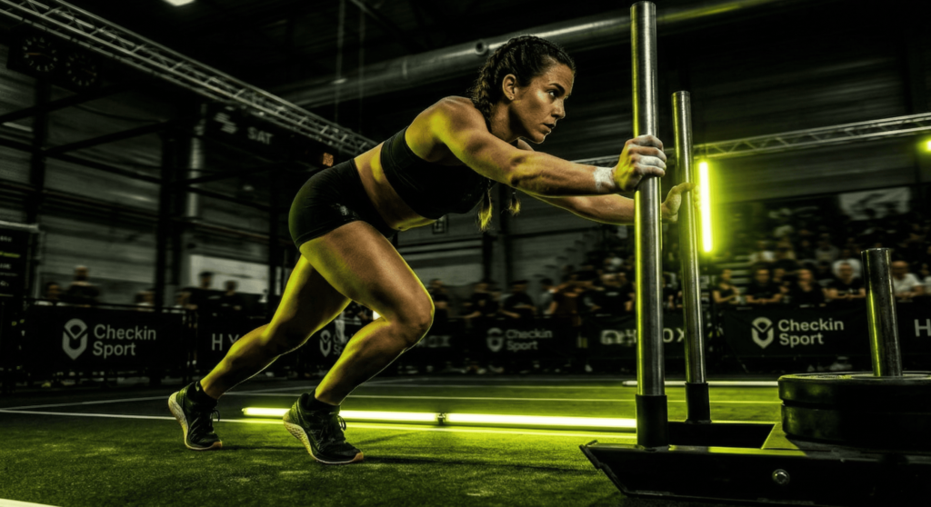 Atleta realizando el empuje de trineo (Sled Push) en una competición Hyrox con iluminación neón