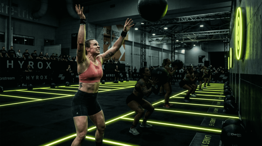 Atleta femenina realizando wall balls en Hyrox: sentadilla profunda y lanzamiento a diana de 2,70 metros con estética neón