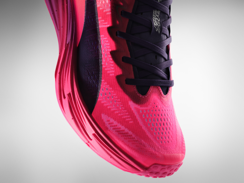 Close-up of the ultra-breathable mono-mesh upper on the Puma Deviate Nitro Elite 3 HYROX edition, designed for lightweight comfort and lockdown during competition.
