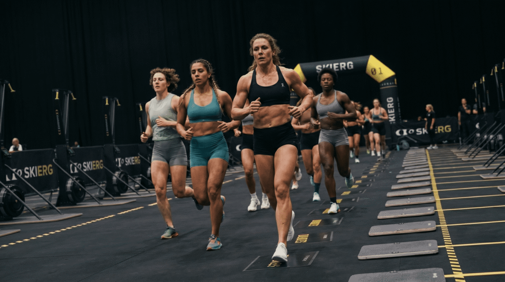 Close-up of a hybrid athlete during a compromised running session, showing visible fatigue and focus during a high-intensity hyrox training plan workout.