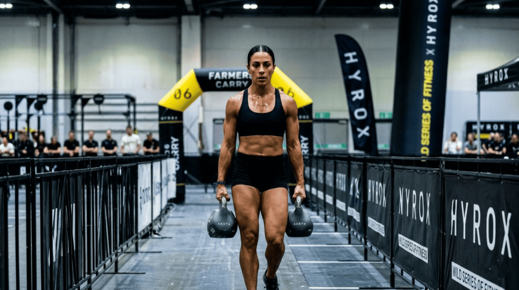 Female athlete demonstrating proper hyrox farmers carry technique, walking in a straight line with heavy kettlebells under the Station 06 arch during a competition.