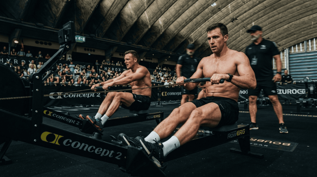 Two athletes performing the finish phase of the hyrox rower stroke at Station 5, showing powerful leg extension and proper rowing form in a high-intensity competition environment.