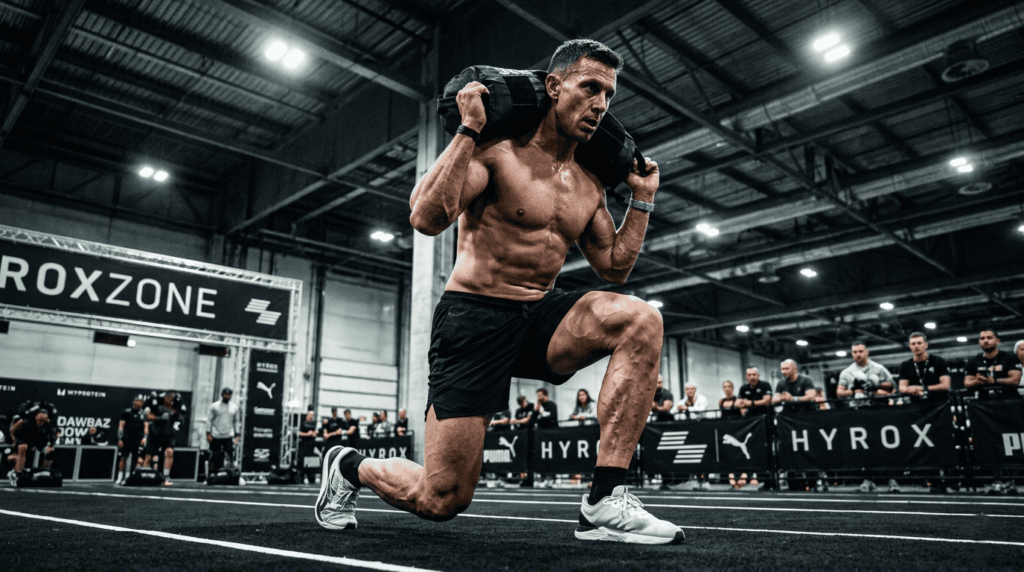 Professional athlete performing hyrox sandbag lunges at Station 7 with perfect form and official equipment