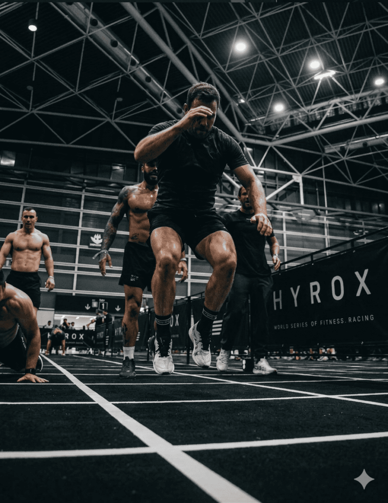 Athlete performing the burpee broad jump Hyrox technique at Station 4, demonstrating explosive power and low-trajectory glide mechanics on black turf.