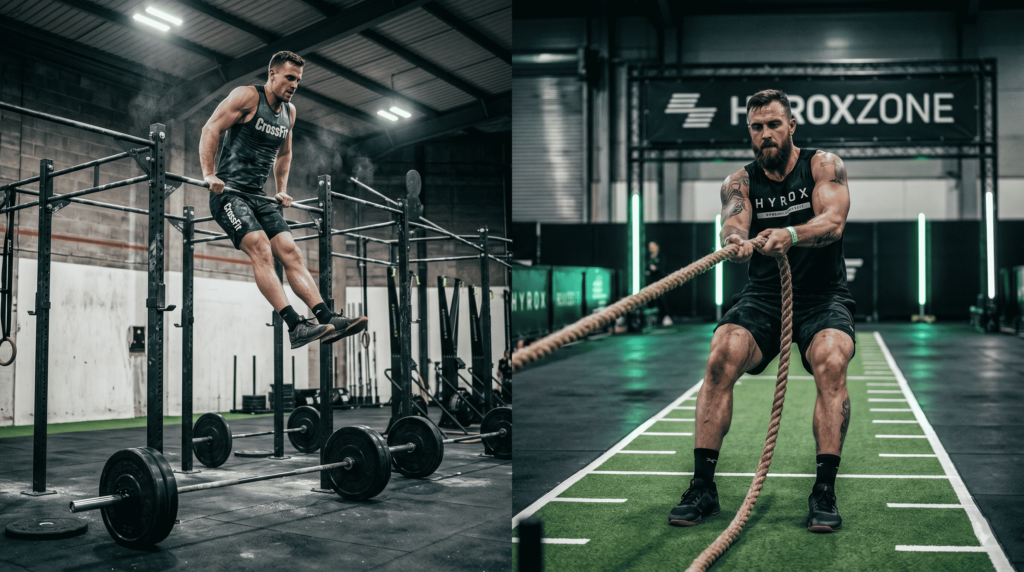 A professional split-screen sports photograph comparing HYROX and CrossFit athletes: on the left, an athlete performs a high-skill bar muscle-up in a raw CrossFit box; on the right, a hybrid athlete executes a heavy sled pull on a neon-lit HYROX competition floor, highlighting the metabolic and technical differences between both sports