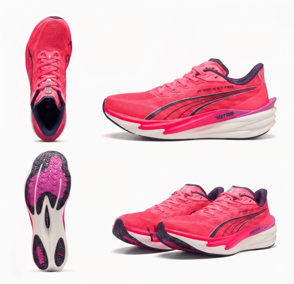 PUMA Deviate Nitro 4 Hyrox edition running shoe in neon pink, featuring NITROFOAM midsole and aggressive silhouette for hybrid racing.