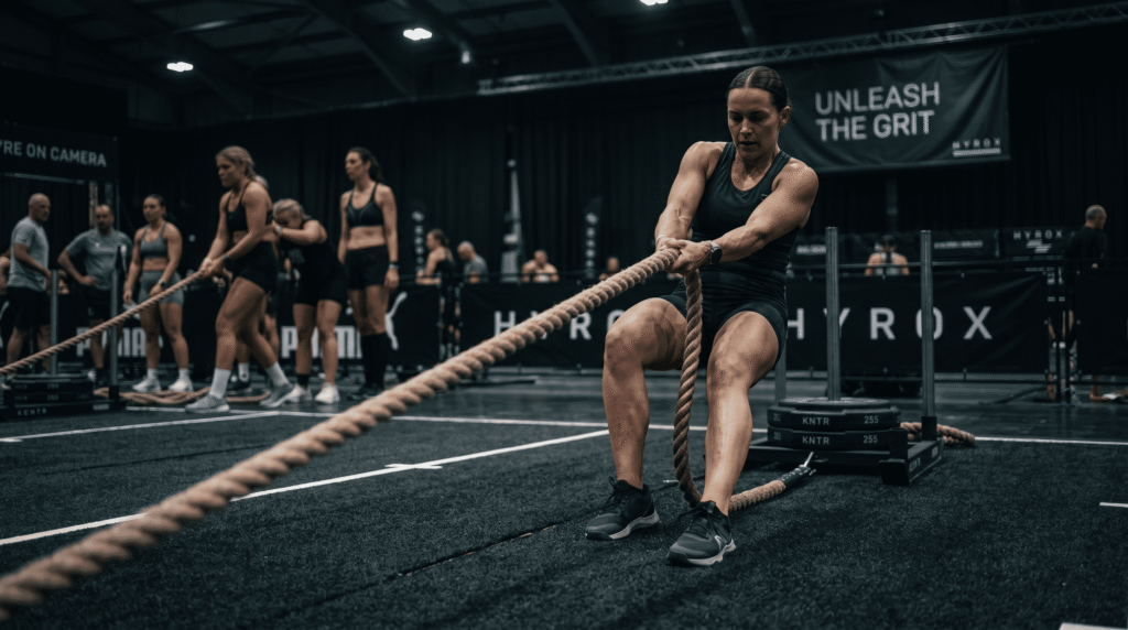 Professional athlete demonstrating the correct bodyweight lean during a sled pull hyrox station.