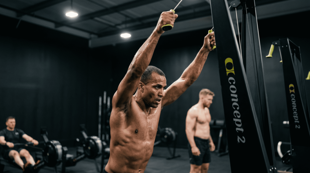 SkiErg during Hyrox Station 1. High-intensity functional fitness photography showing full overhead reach and power engine mechanics.